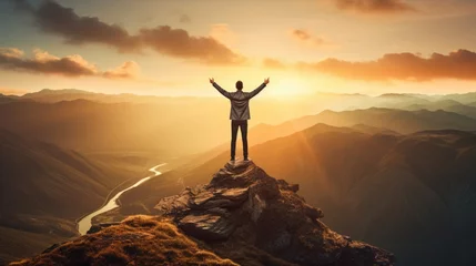 Tuinposter person standing at the top of a mountain, illustrating the concept of achievement and success generative ai © ThisDesign