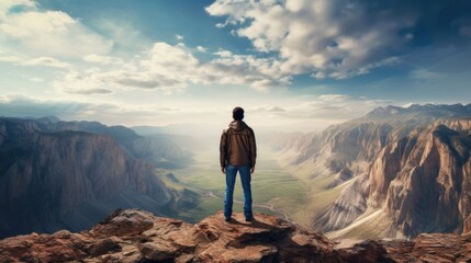 person standing at the top of a mountain, illustrating the concept of achievement and success generative ai