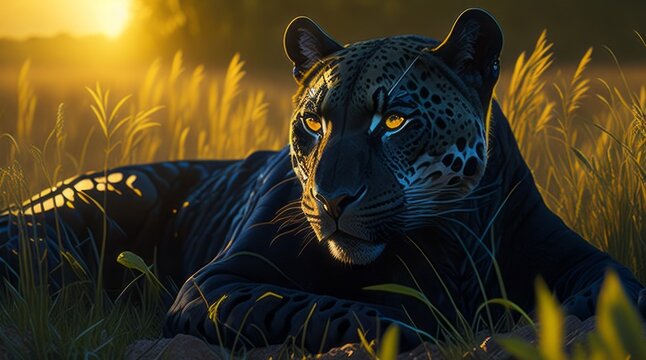stunning photorealistic image of a sleek black jaguar gracefully basking in the golden rays of the setting sun