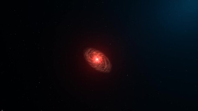 3D Animation showing a red galaxy in space as the camera moves away