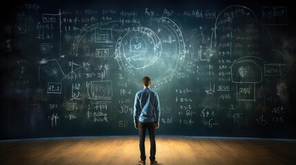 person standing in front of a chalkboard filled with equations, symbolizing the concept of learning and education. generative ai