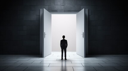 Obraz premium person standing in front of a wall with a door, symbolizing the concept of obstacles and opportunities generative ai