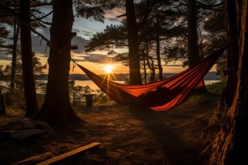Campers Hammock Between Two Trees, Generative AI