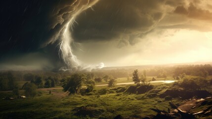 powerful tornado moving across a rural landscape, illustrating the destructive force of nature generative ai
