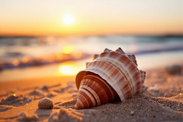 Fototapeta na wymiar Seashell on beach at golden hour