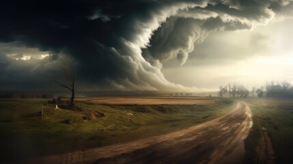 Naklejka na ściany i meble powerful tornado moving across a rural landscape, illustrating the destructive force of nature generative ai