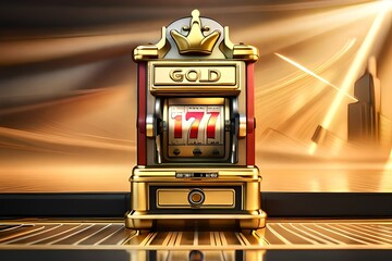 gold slot machine with a gold crown on top, High Detail, Artstation, headshot realistic, highly-detailed, smooth, sharp focus, octane render.