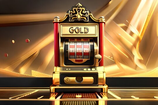 gold slot machine with a gold crown on top, High Detail, Artstation, headshot realistic, highly-detailed, smooth, sharp focus, octane render.