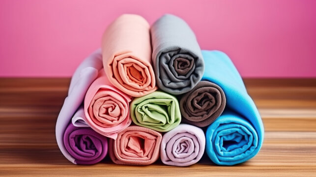 Colorful clothes neatly rolled for saving luggage space, stack of cotton t-shirt rolls of different pastel colors on wooden texture table. Generative AI