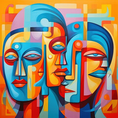 An brightly colored abstract painting cartoon of mens heads with the illusion of three dimensionality. Generative AI..
