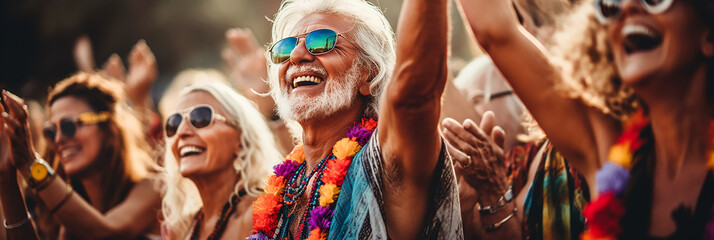 smiling older women and Men hippies in 70s clothing chanting at the concert. AI generative.