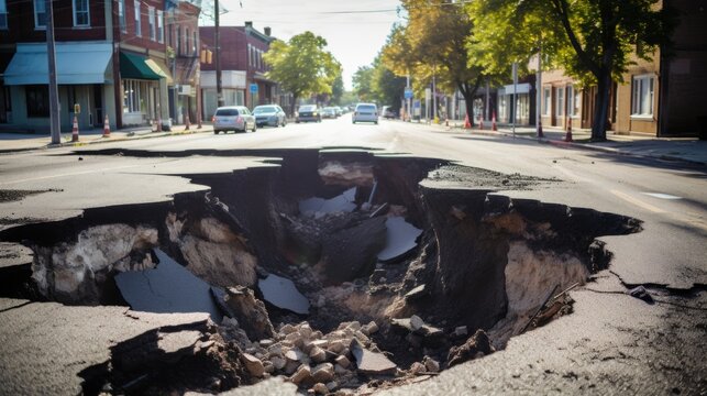 sinkhole in a city street, representing the danger of ground instability in urban areas. generative ai