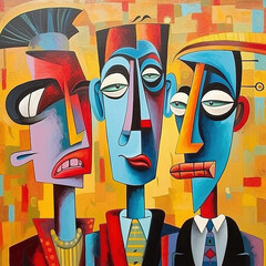 An brightly colored abstract painting cartoon of mens heads with the illusion of three dimensionality. Generative AI.
