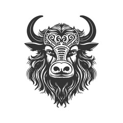 yak tribal, vintage logo line art concept black and white color, hand drawn illustration