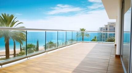 Big beautiful terrace balcony of new apartment building, hotel on coastline with sea ocean view, palms, Generative AI