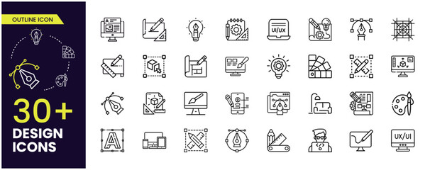Design, art, creative, stationery, UI UX Design, software and more, outline icons set, vector illustration.
