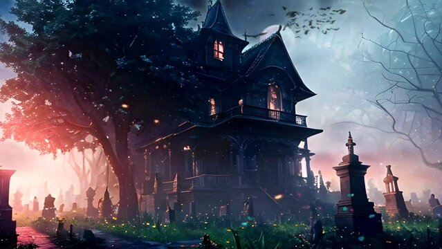 Scary Halloween Castle, ghosts and bats surround an old building with a moonlit grave. Seamless looping video animation virtual background.	