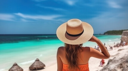 Fototapeta na wymiar Rear View Woman in hat at beautiful beach by Caribbean sea, Generative AI