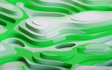 3D render illustration with white and green layer pattern, round shape.