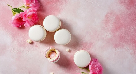 Bunch of white french macaron sweets with pink crystal shaped marmalade decoration. flat lay, copy space. Generative AI