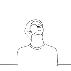male portrait looking up - one line art vector. the concept of looking at the sky, rolling your eyes