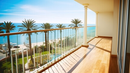 Luxurious Terrace Balconies with Breathtaking Ocean Views and Lush Palms. Generative AI