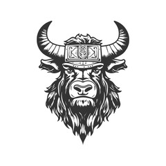yak warrior, vintage logo line art concept black and white color, hand drawn illustration
