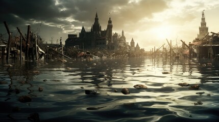 Fototapeta na wymiar city submerged in water, illustrating the aftermath of a devastating flood generative ai