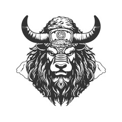 yak warrior, vintage logo line art concept black and white color, hand drawn illustration