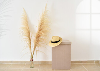 Sombrero de paja retro con hierba de pampa seca con encaje tejido, Estilo bohemio.