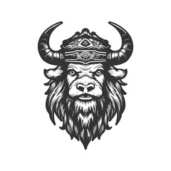 yak warrior, vintage logo line art concept black and white color, hand drawn illustration