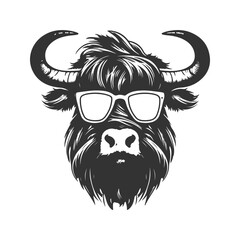 yak wearing sunglasses, vintage logo line art concept black and white color, hand drawn illustration