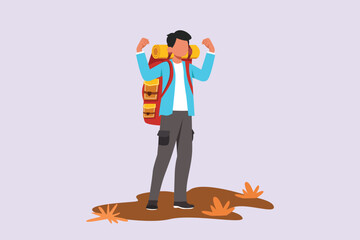 Traveler or explorer on mountain or valley concept. Colored flat vector illustration isolated. 