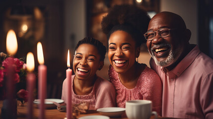 couple celebrating birthday.Joyful senior African woman and family blowing candles on birthday cake,  with her husband, celebrating her birthday.cozy mood and pastel theme.