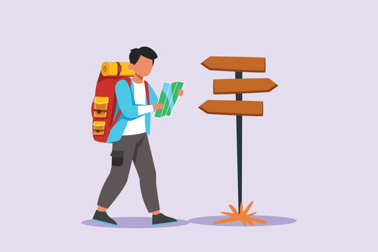 Traveler or explorer on mountain or valley concept. Colored flat vector illustration isolated. 