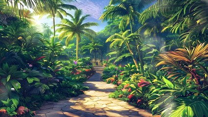 Beautiful fantasy tropical forest nature panorama. Illustration of Fantasy Heaven. Watercolor style or anime illustration. seamless looping video animated virtual background. - Powered by Adobe