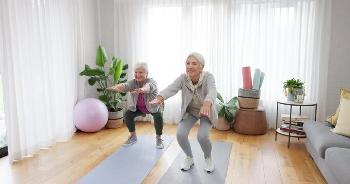 Fitness, Yoga And Elderly Woman Friends In A Home Studio To Workout For Health, Wellness Or Balance. Exercise, Zen And Chakra With Senior People Training For Mindfulness Together While Squatting