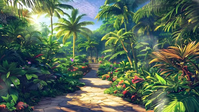Beautiful fantasy tropical forest nature panorama. Illustration of Fantasy Heaven. Watercolor style or anime illustration. seamless looping video animated virtual background.