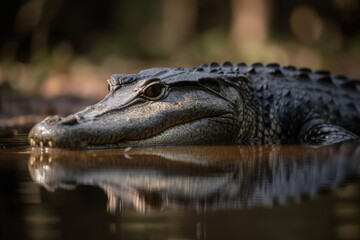 Alligator on the surface of the water. Generative AI.