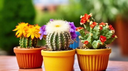 Cactuses in flowerpots with flowers, on green nature background, Generative AI