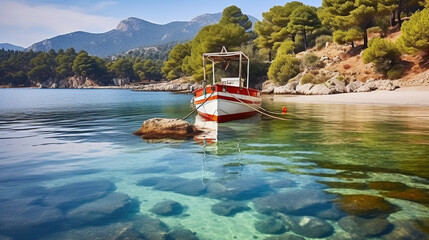 Naklejka premium Basking in the Scenic Allure of a Beautiful Bay, Graced by Graceful Boats. Generative AI