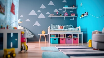 A Modern Bedroom Designed for Both Boys and Girls, Complete with Stylish Furniture and Playful Toys