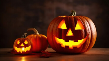 Orange pumpkin carved into creepy and funny Jack o Lantern w/ glowing eyes on dark background
