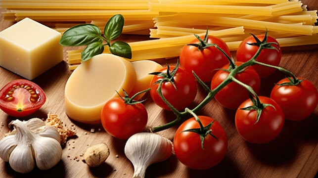 Composition of pasta, cheese, tomato and garlic