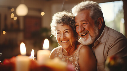 couple celebrating birthday.Joyful senior woman blowing candles on birthday cake with her husband, celebrating her birthday. cozy mood and pastel theme.