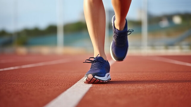 Cropped Shot of Female Athlete Wearing Cruelty-Free Shoes, Running on Synthetic Surface. Generative AI