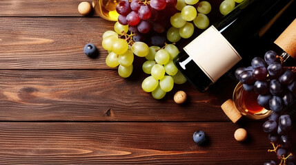 Obraz premium Two bottles with red and white wine with bunches of different type grapes and wineglass on dark brown wooden texture table. Generative AI