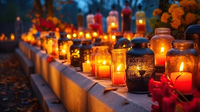 Colorful candles on the cemetery at All Saints Day, Generative AI