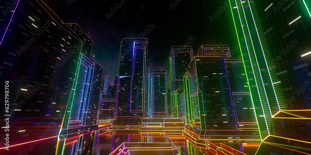 Wall mural futuristic abstract neon cyber city ground level view. 3d illustration.