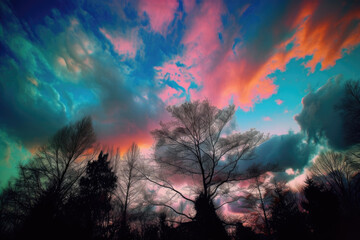 Sky with colorful clouds, purple, orange and blue. View from bottom to top. Generative AI.